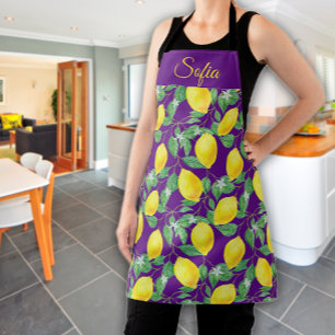 Rustic yellow lemon watercolor purple pattern apron