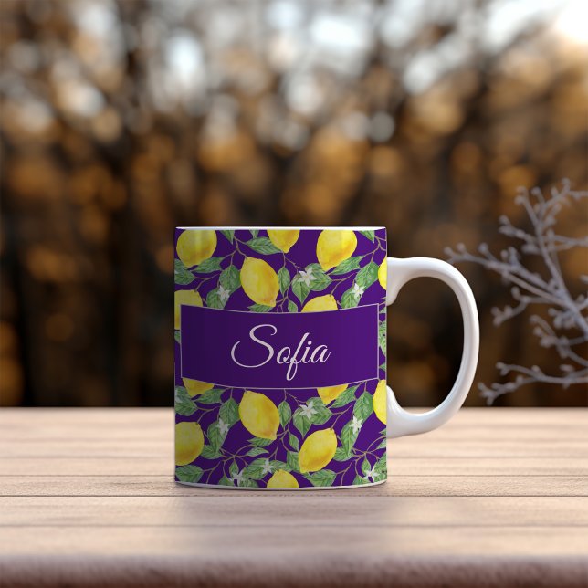 Rustic yellow lemon watercolor purple pattern coffee mug (Creator Uploaded)