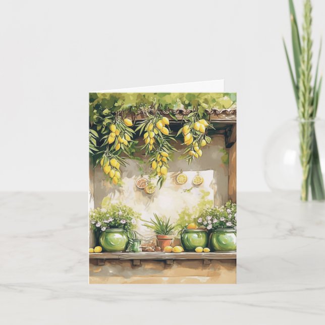 Rustic Yellow Lemon Window Floral Blank Note Card (Front)