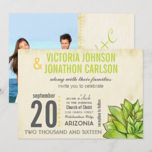 Rustic Yellow Lime Succulent Typography Wedding Invitation