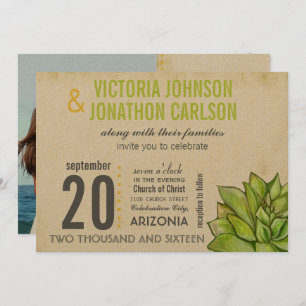 Rustic Yellow Lime Succulent Typography Wedding Invitation