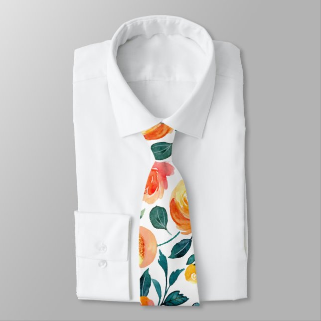 Rustic Yellow Orange Watercolor Flowers Pattern  Tie (Tied)