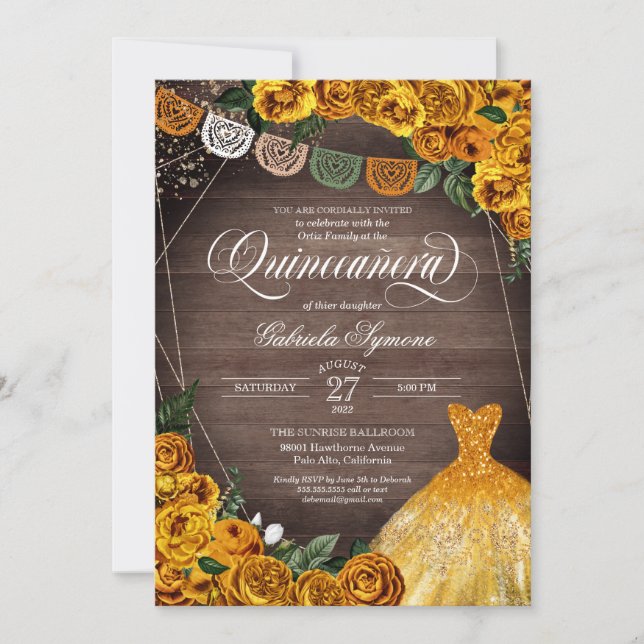 Rustic Yellow Rose Glitter Gown Fiesta Quinceañera Invitation (Front)