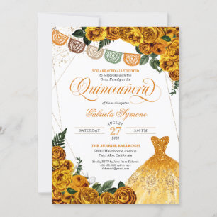 Rustic Yellow Rose Glitter Gown Fiesta Quinceañera Invitation