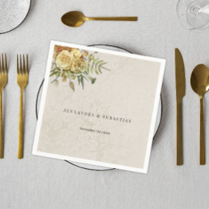 Rustic Yellow Roses Cream Damask Wedding Napkin