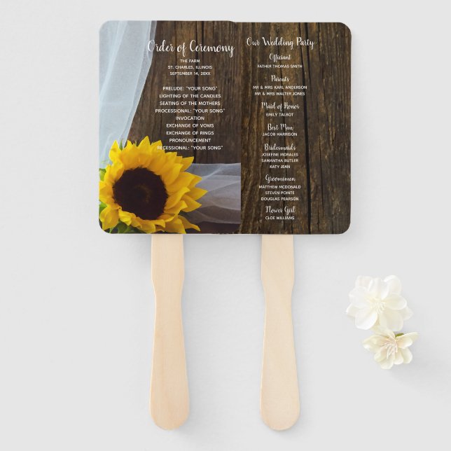 Rustic Yellow Sunflower and Barn Wood Wedding Hand Fan (Front and Back)