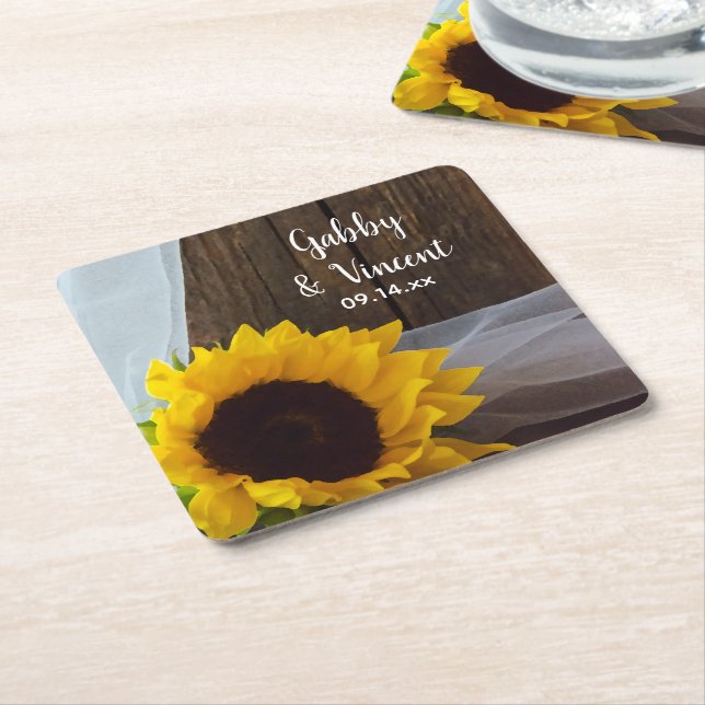 Rustic Yellow Sunflower and Barn Wood Wedding  Square Paper Coaster (Angled)