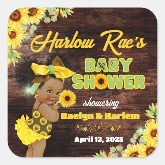 Rustic Yellow Sunflower Baby Shower Baby Square Sticker (Front)