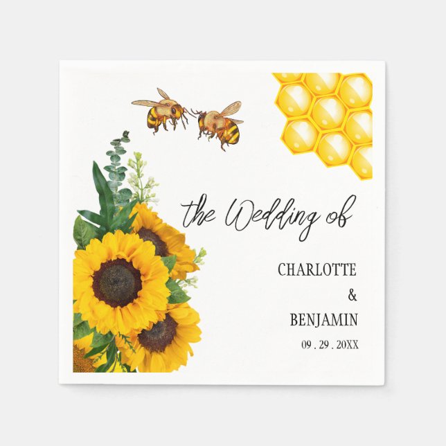 Rustic Yellow Sunflower & Bees Wedding  Napkin (Front)