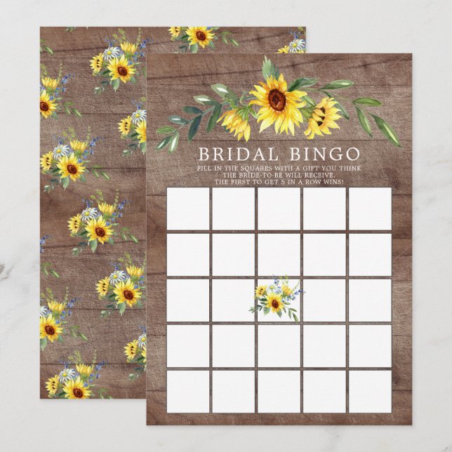Rustic Yellow Sunflower BINGO Bridal Shower Game Invitation (Front/Back)
