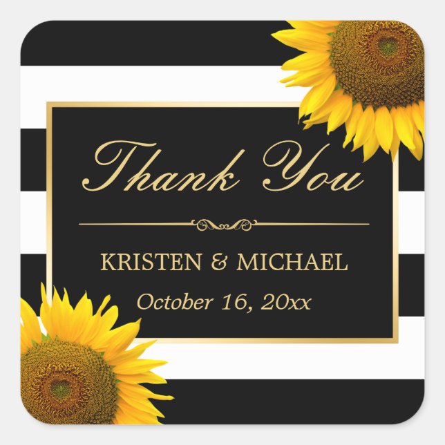 Rustic Yellow Sunflower Black White Thank You Square Sticker (Front)