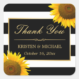 Rustic Yellow Sunflower Black White Thank You Square Sticker