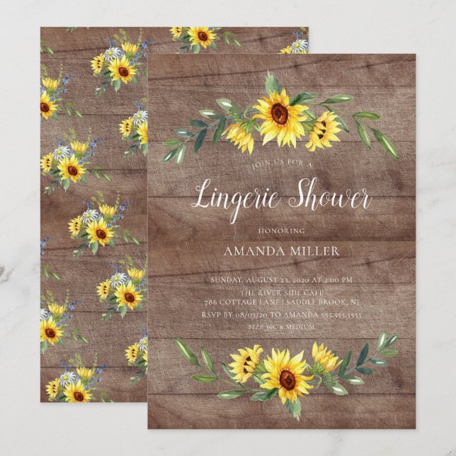 Rustic Yellow Sunflower Bridal Lingerie Shower Invitation (Front/Back)