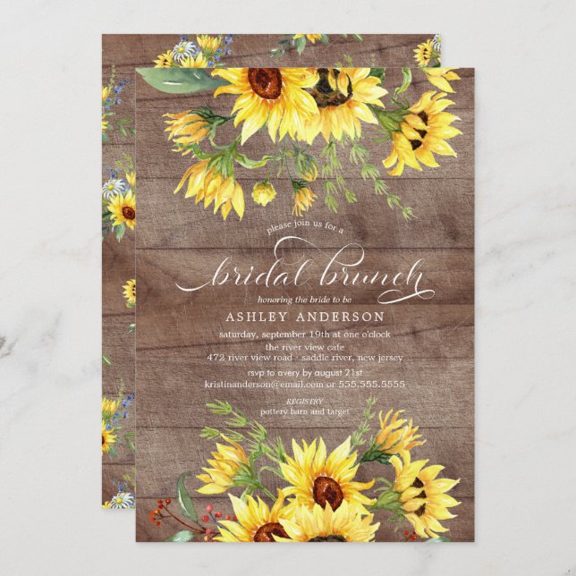 Rustic Yellow Sunflower Bridal Shower Brunch Invitation (Front/Back)