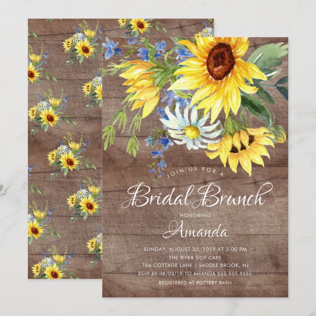 Rustic Yellow Sunflower Bridal Shower Brunch Invitation (Front/Back)
