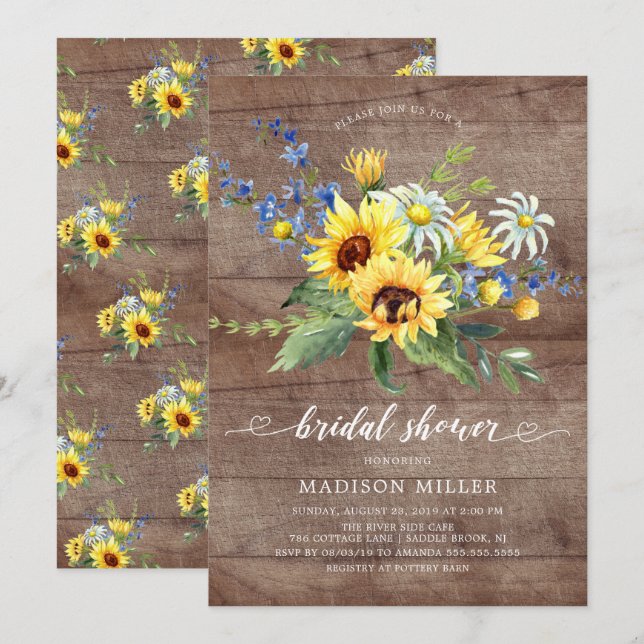 Rustic Yellow Sunflower Bridal Shower Invitation (Front/Back)
