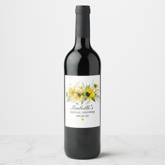 Rustic Yellow Sunflower Bridal Shower Wine Label (Front)