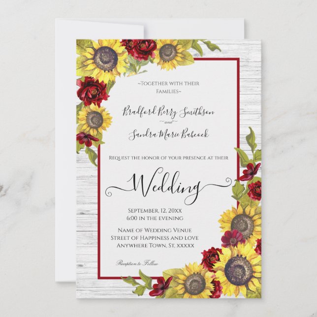 Rustic Yellow Sunflower Burgundy Floral Wedding An Invitation (Front)