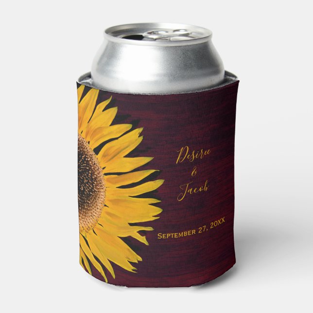 Rustic Yellow Sunflower Burgundy Wood Wedding Can Cooler (Can Front)