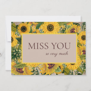 Rustic Yellow Sunflower Burlap Script Miss You Thank You Card