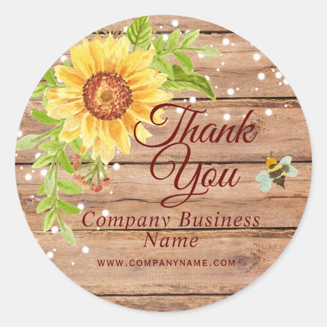 Rustic Yellow Sunflower Business Thank You Classic Round Sticker (Front)