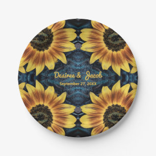 Rustic Yellow Sunflower Denim Blue Jeans Wedding  Paper Plate