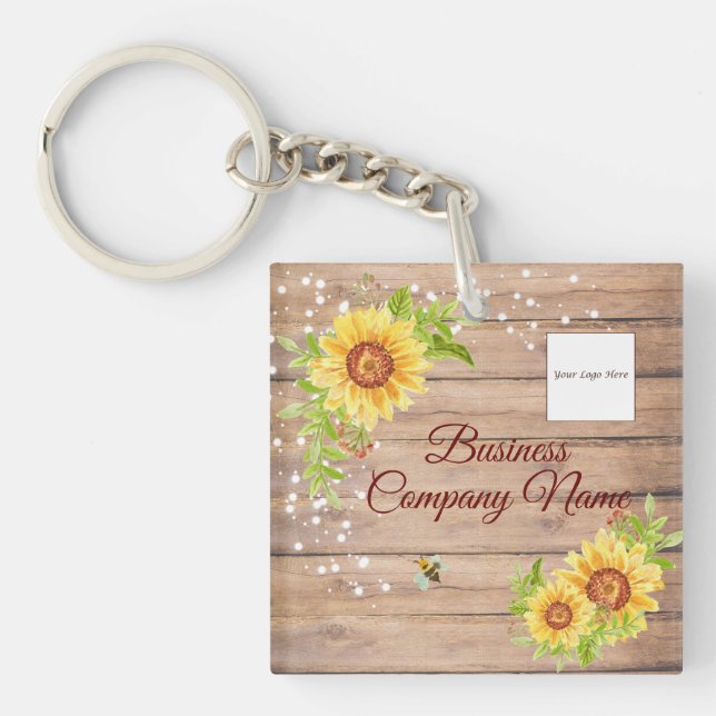 Rustic Yellow Sunflower Gradient Custom Business Key Ring (Front)