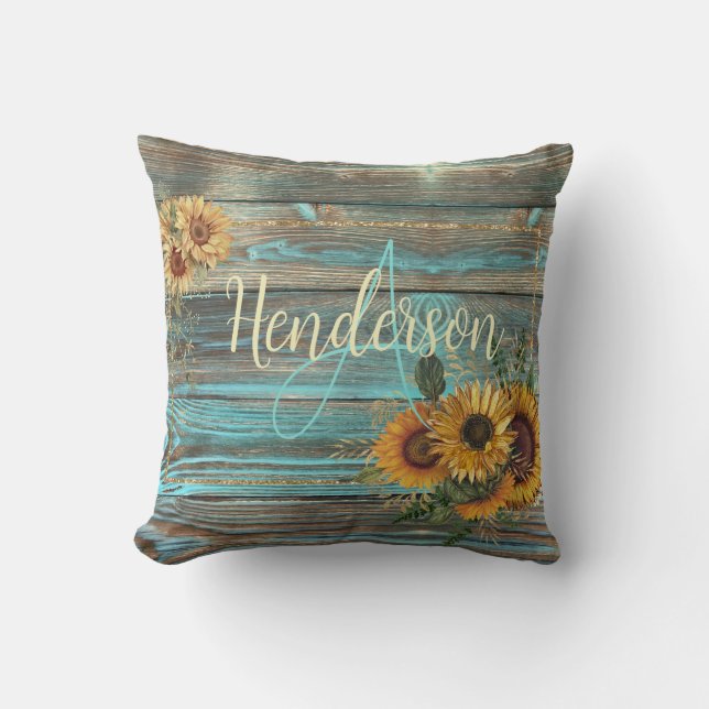 Rustic Yellow Sunflower Name  Cushion (Front)