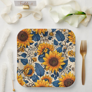 Rustic Yellow Sunflower Navy Blue Vintage Floral Paper Plate