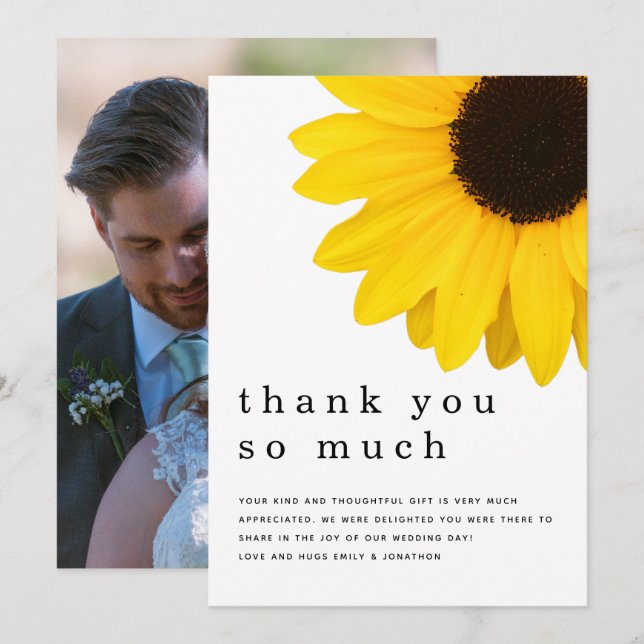 Rustic Yellow Sunflower Newlywed Photo Thank You Card (Front/Back)