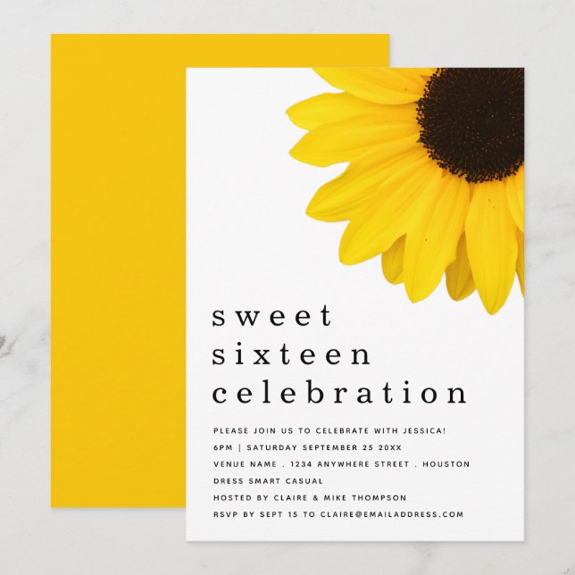 Rustic Yellow Sunflower Sweet Sixteen Invitation (Front/Back)