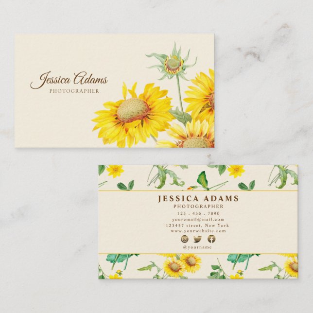 Rustic Yellow Sunflower Watercolor Business Card (Front/Back)