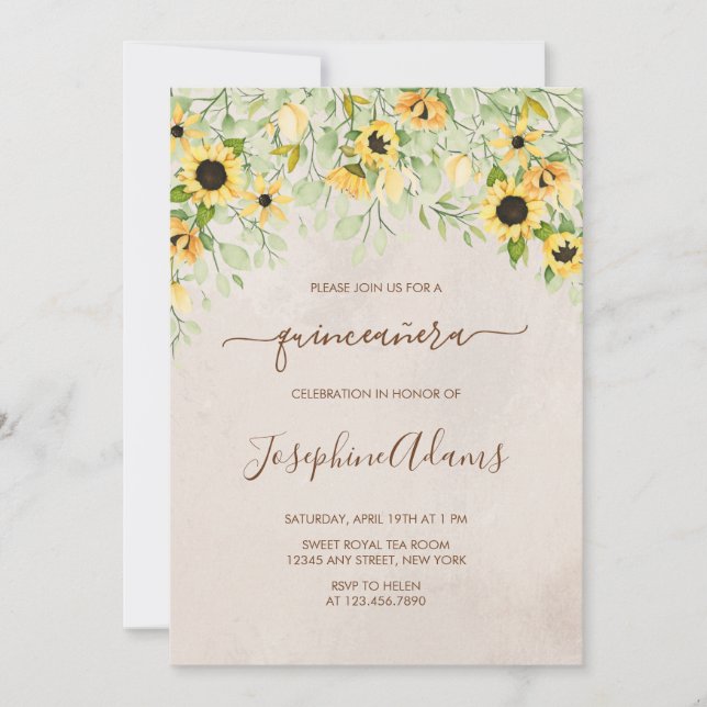 Rustic Yellow Sunflower Watercolor Quinceanera Invitation (Front)