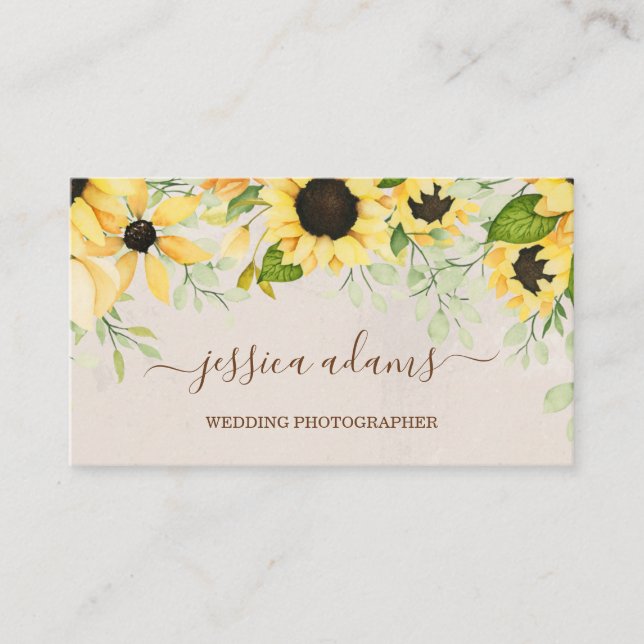 Rustic Yellow Sunflower Watercolor Wedding Business Card (Front)