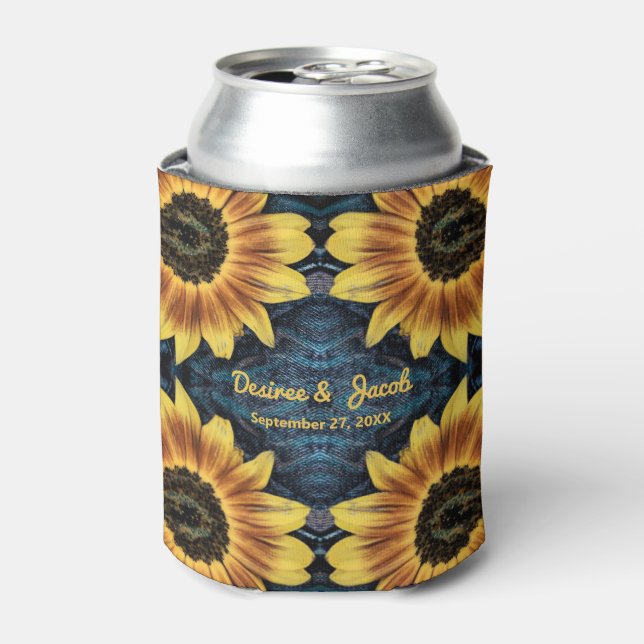 Rustic Yellow Sunflower Wedding Denim Blue Jeans Can Cooler (Can Front)