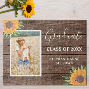 Rustic Yellow Sunflower Wood Graduation  Jigsaw Puzzle