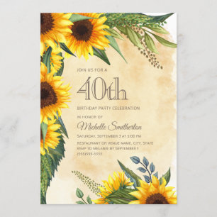 Rustic Yellow Sunflowers 40th Birthday Invitation
