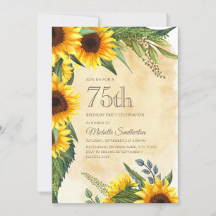 Rustic Yellow Sunflowers 75th Birthday Invitation