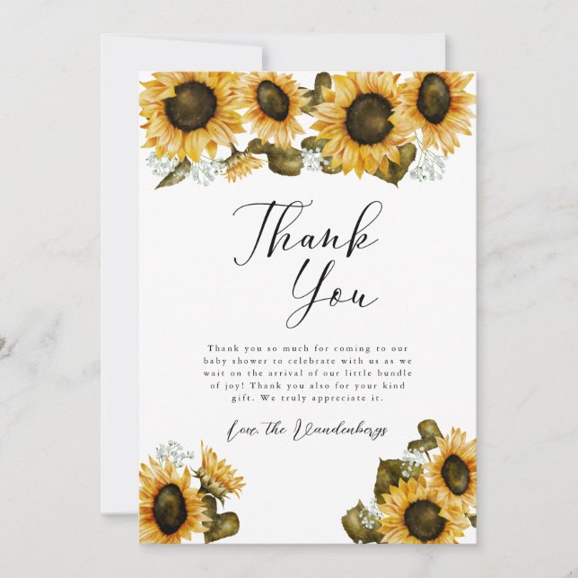 Rustic Yellow Sunflowers Baby Shower Thank You Card (Front)