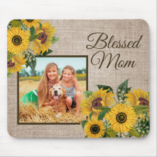 Rustic Yellow Sunflowers Burlap Blessed Mom Photo Mouse Mat