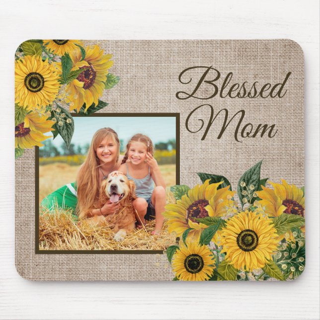 Rustic Yellow Sunflowers Burlap Blessed Mom Photo Mouse Mat (Front)