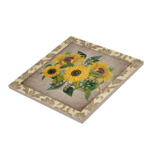 Rustic Yellow Sunflowers Burlap Vintage Damask Tile