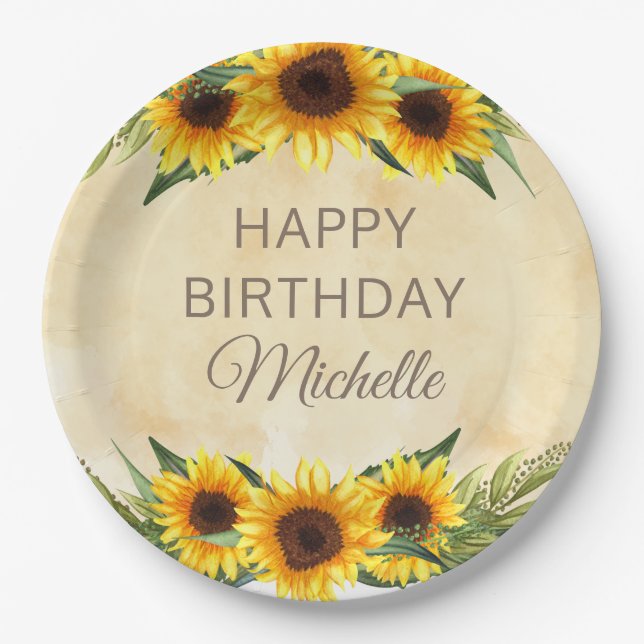 Rustic Yellow Sunflowers Custom Happy Birthday Paper Plate (Front)