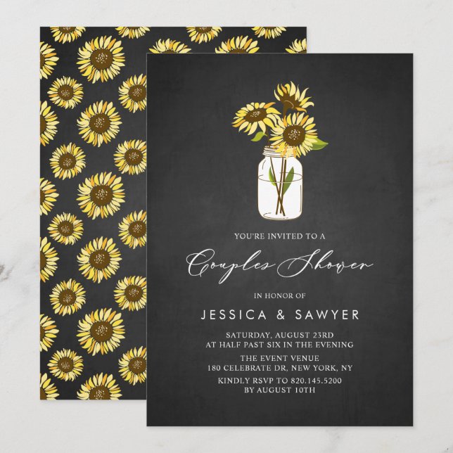 Rustic Yellow Sunflowers Mason Jar Couples Shower Invitation (Front/Back)