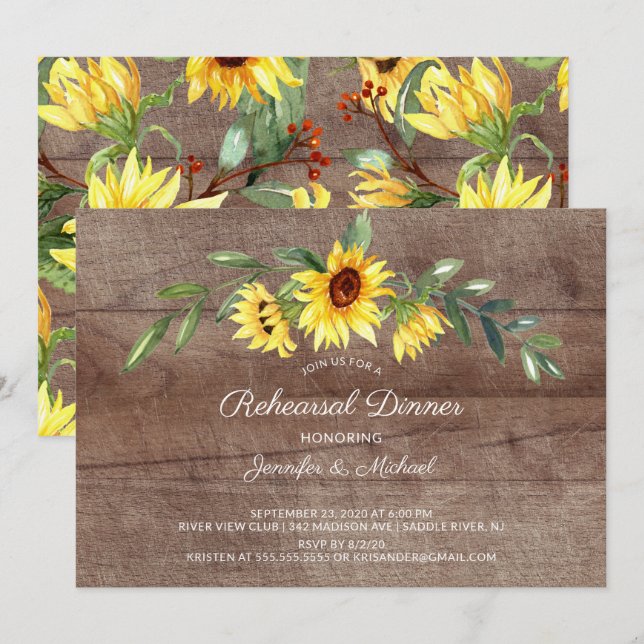 Rustic Yellow Sunflowers Rehearsal Dinner Invitation (Front/Back)