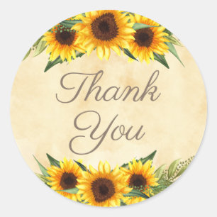 Rustic Yellow Sunflowers Thank You Elegant Script Classic Round Sticker