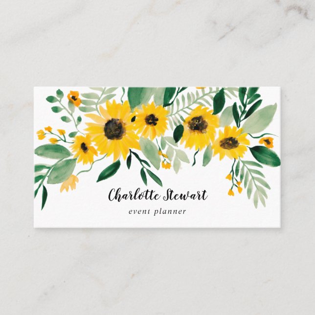 Rustic yellow sunflowers watercolor event planner business card (Front)