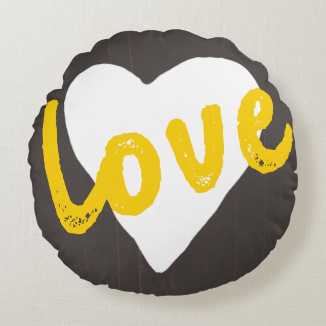 Rustic Yellow White Grey Love Heart Round Cushion (Front)