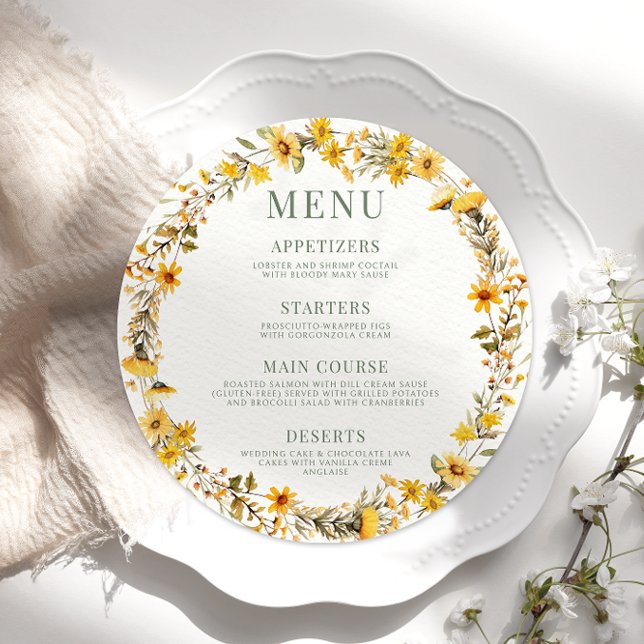 Rustic yellow wildflower round Menu Card Plate (Creator Uploaded)