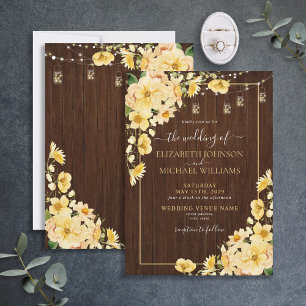 Rustic Yellow Wood Script Floral Wedding Invitation
